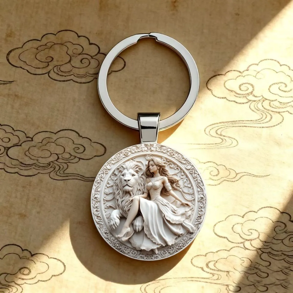 Beauty & Lion Keychain – 2D Flat Woman & Lion Motif Pendant, Stylish Fashion Decorative Keyring, New Zinc Alloy Key Accessory for Bags & Keys